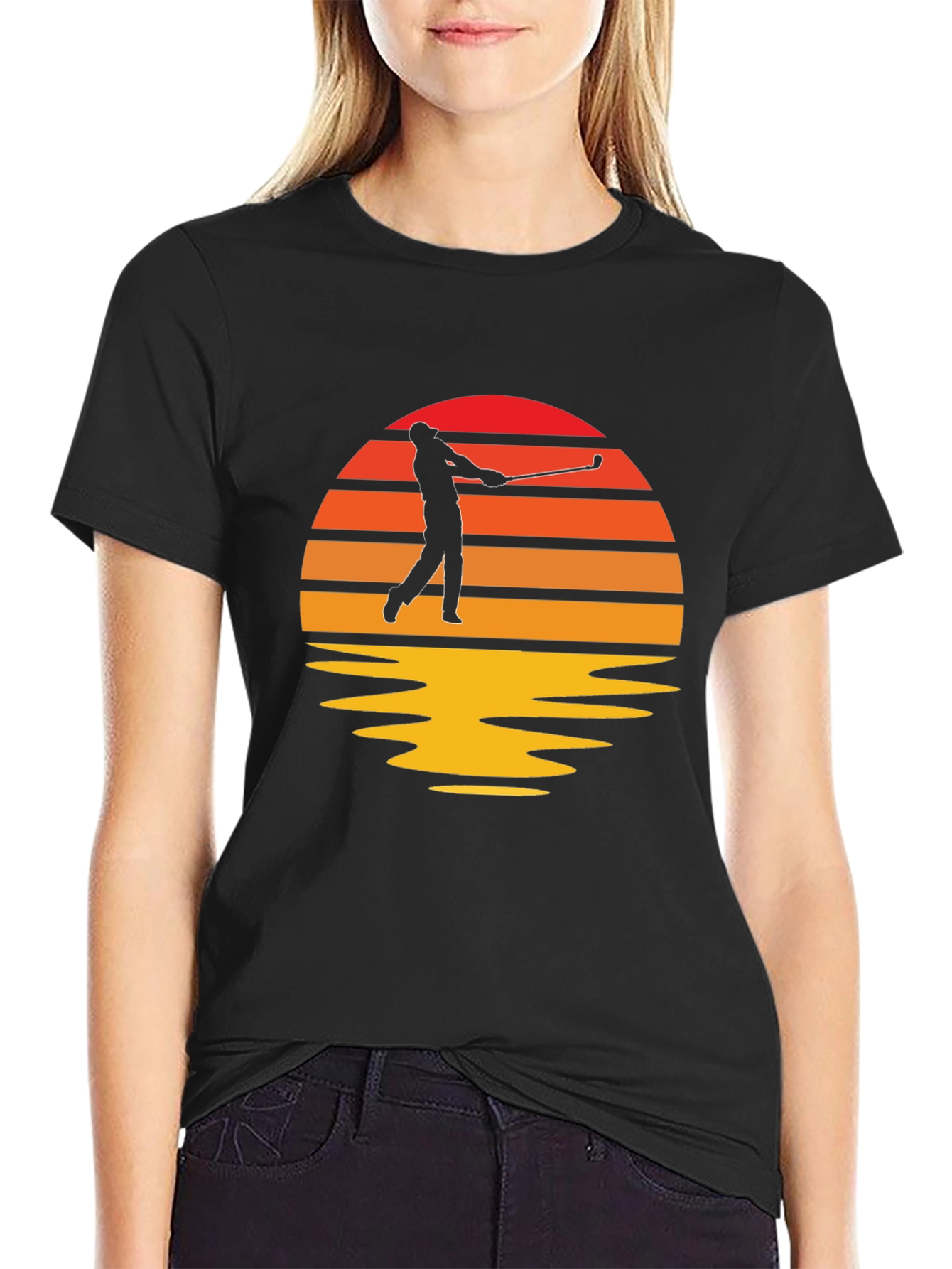 Retro Golfer Sunset Black T-Shirt