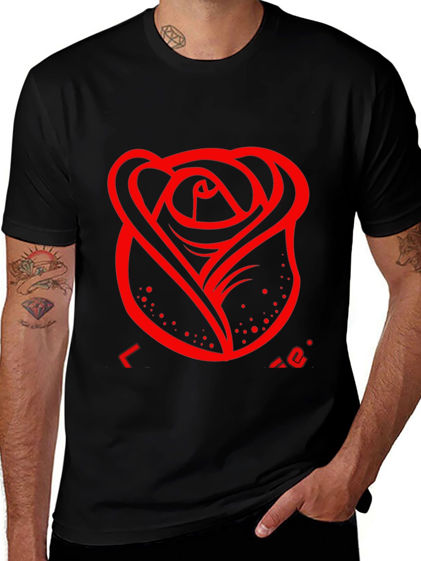 Mens Black T-Shirt with Red Rose Design