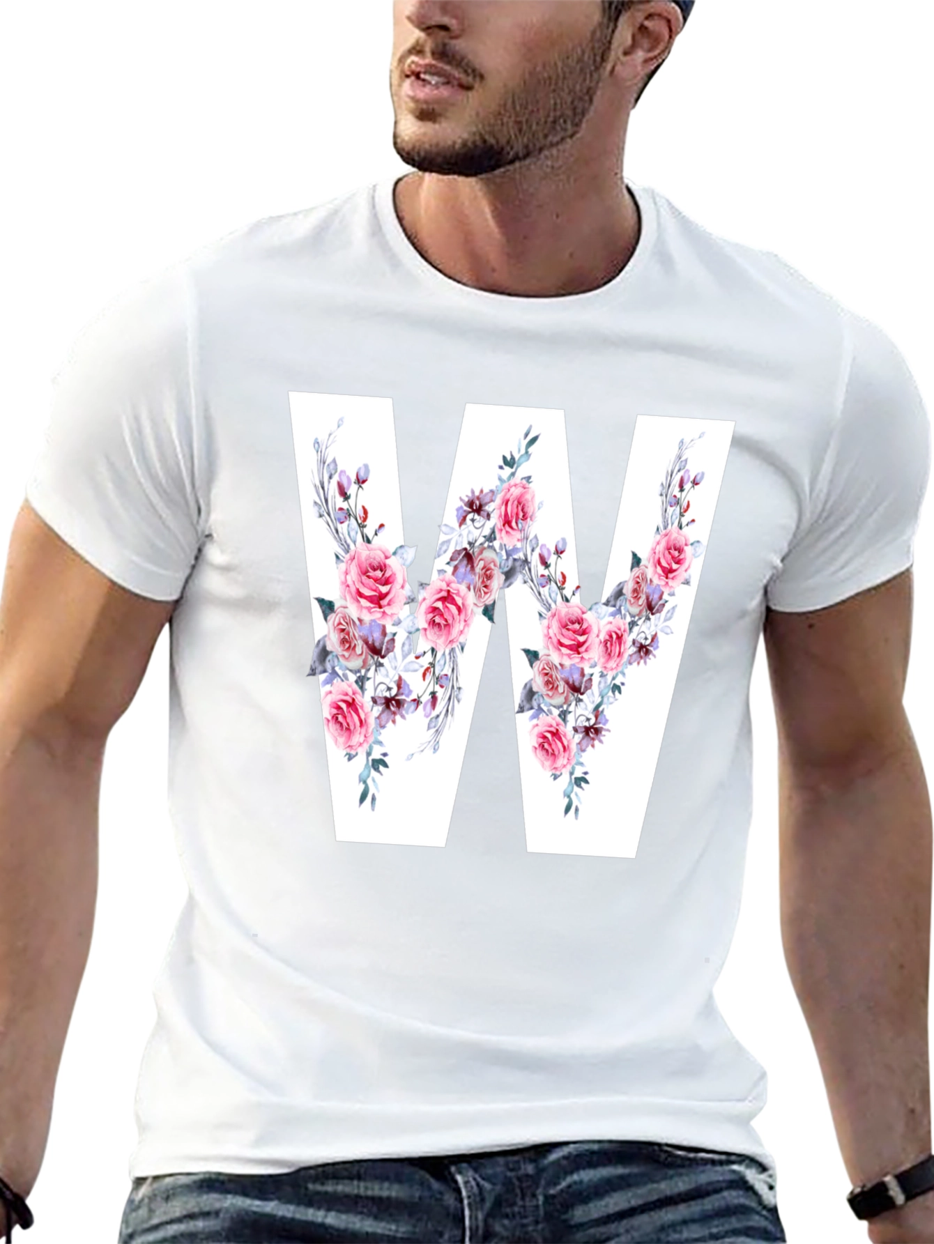 Floral Letter W Black T-Shirt