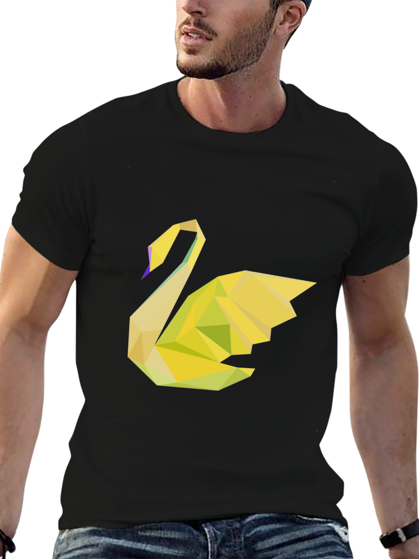 Geometric Swan Black Tee - Modern Graphic Print