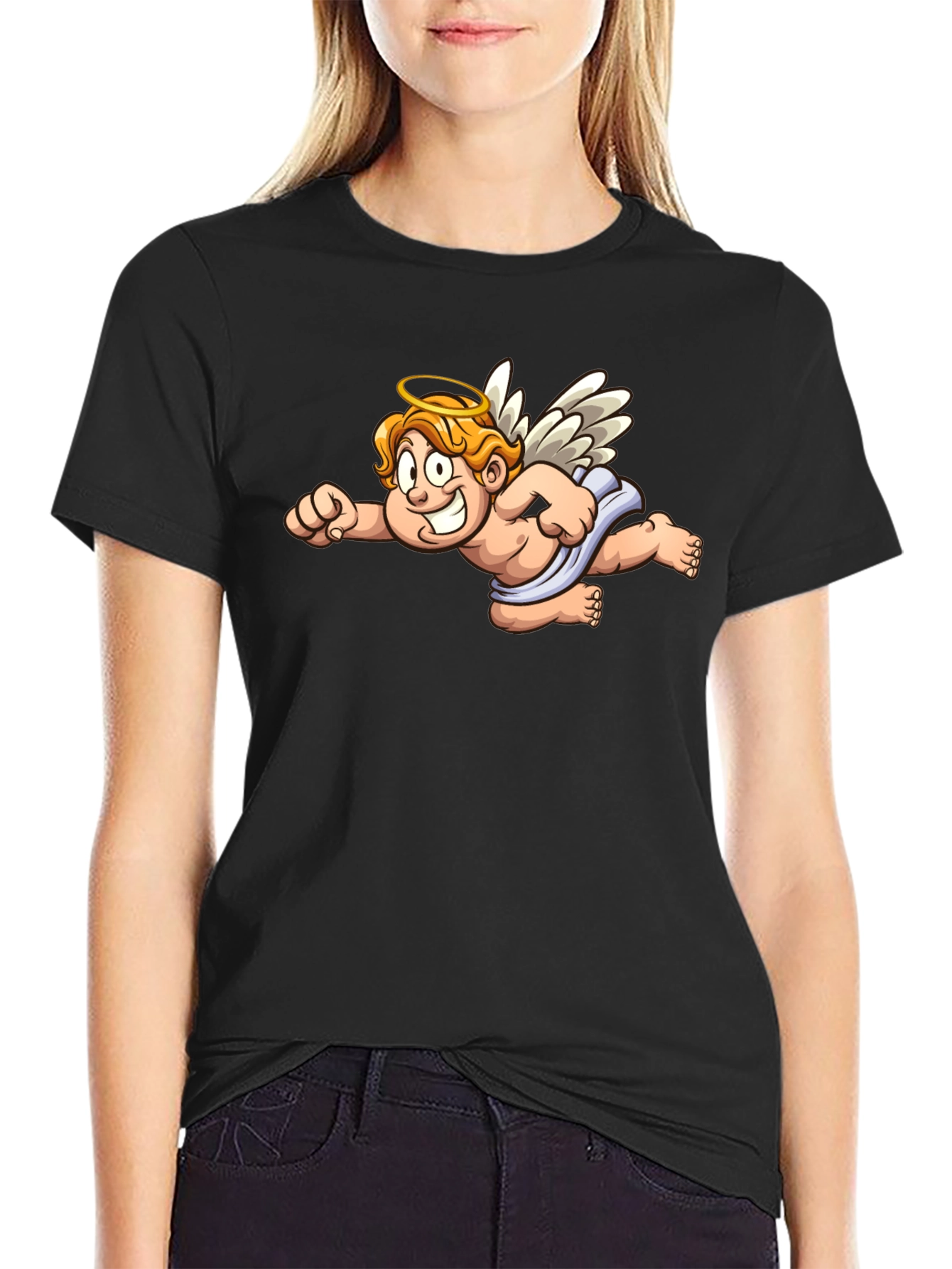 Angel Cartoon Graphic Black T-Shirt