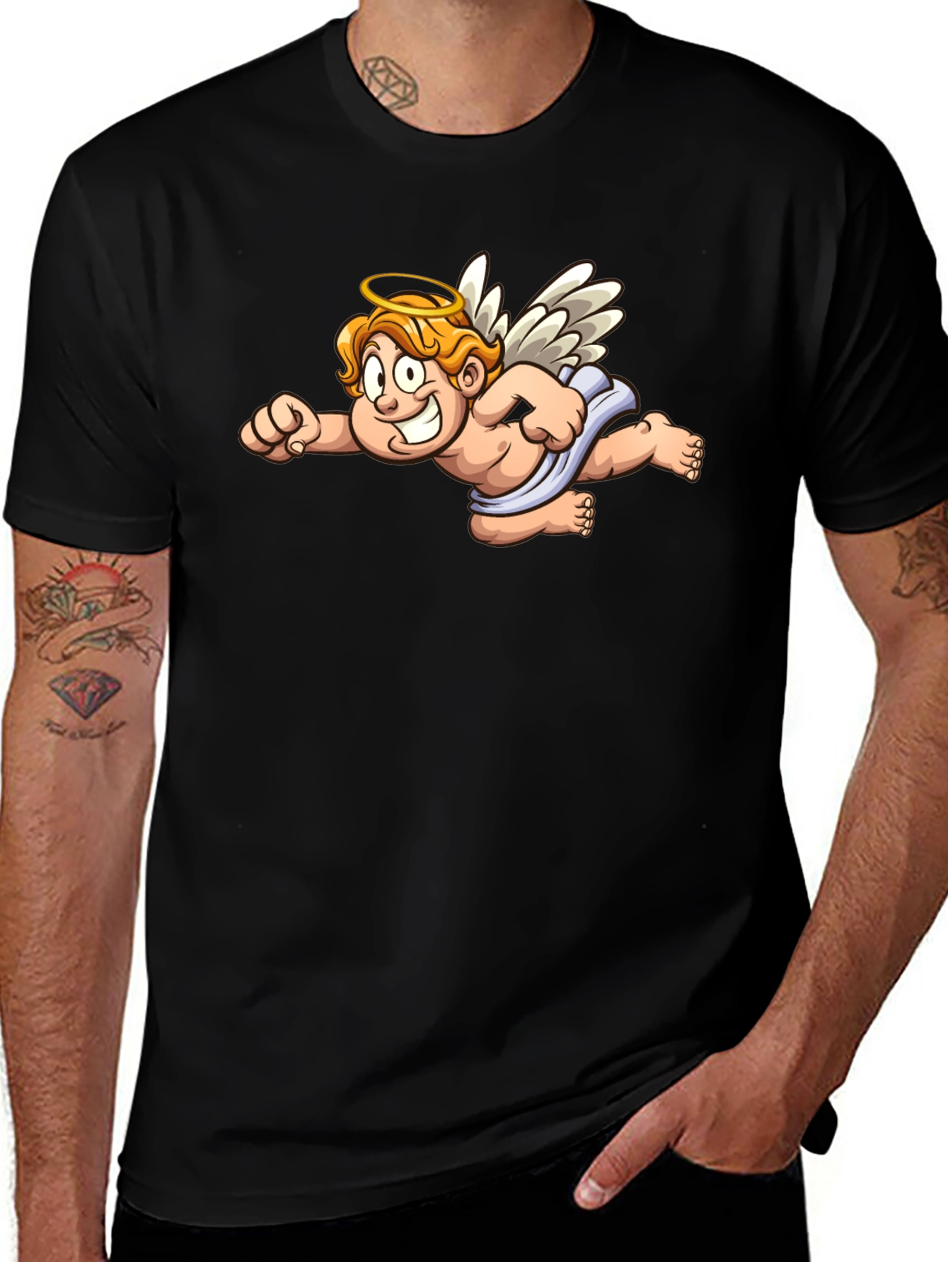 Angel Cartoon Graphic Black T-Shirt