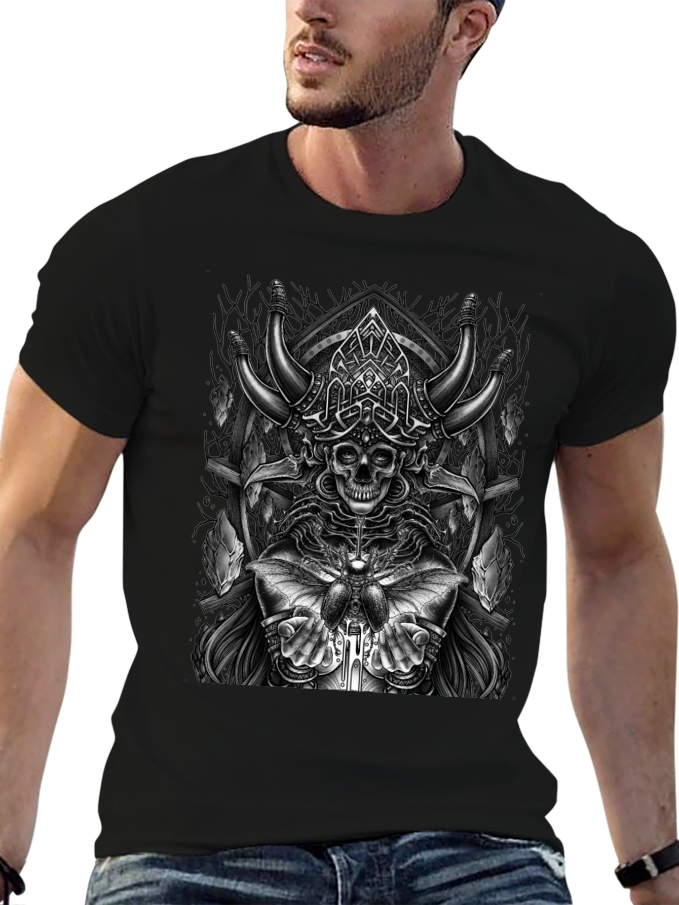 Skull Viking Horns Graphic T-Shirt - Black
