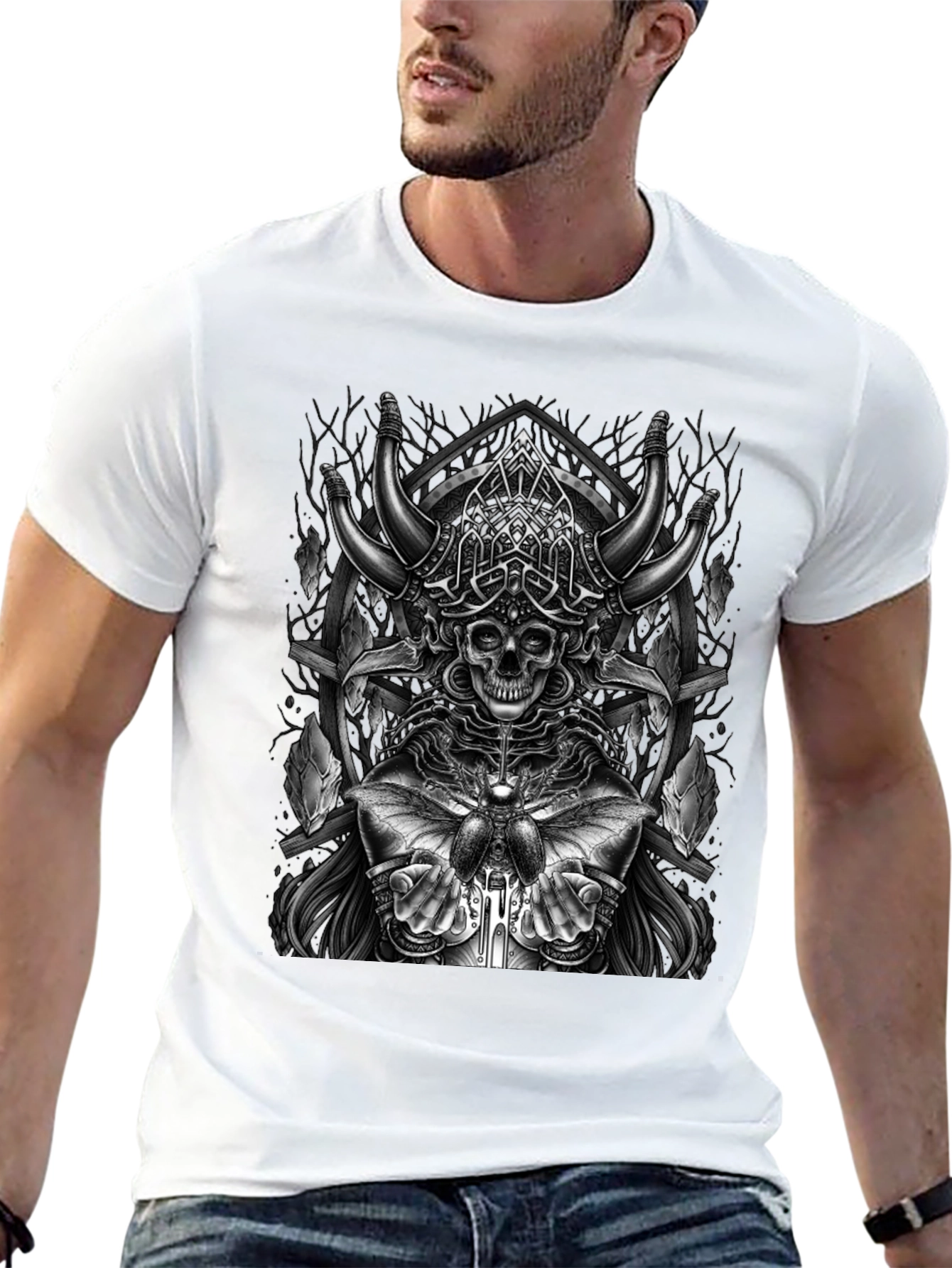 Skull Viking Horns Graphic T-Shirt - Black