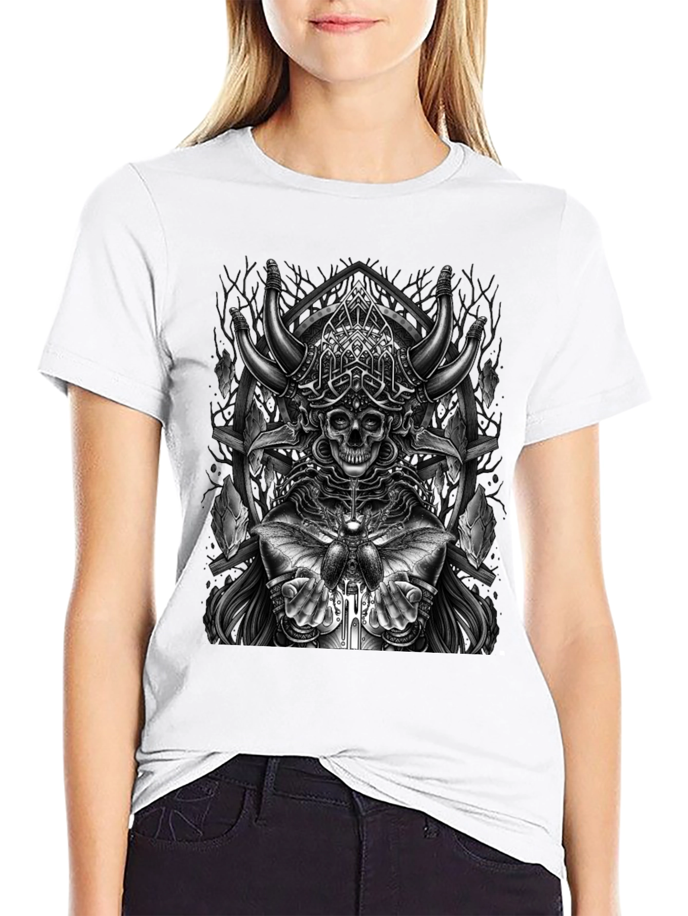 Skull Viking Horns Graphic T-Shirt - Black