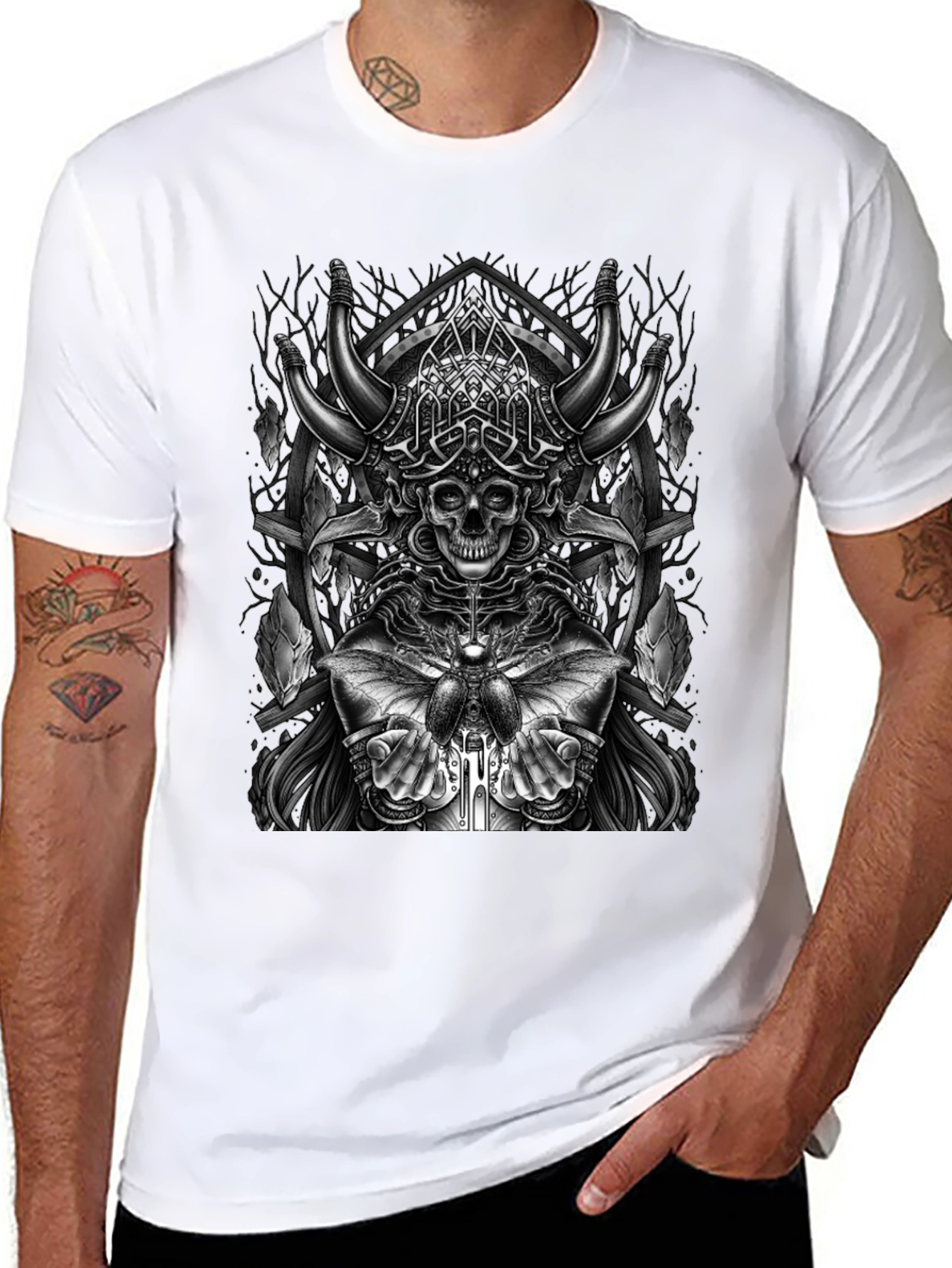 Skull Viking Horns Graphic T-Shirt - Black