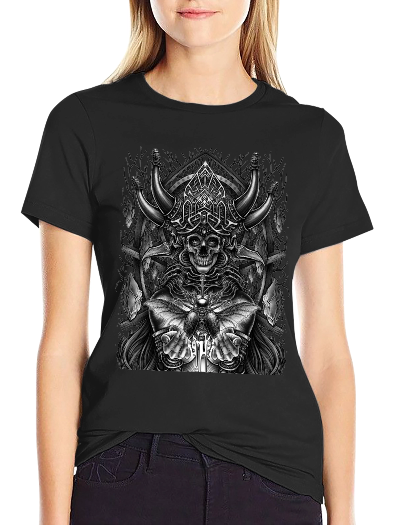 Skull Viking Horns Graphic T-Shirt - Black
