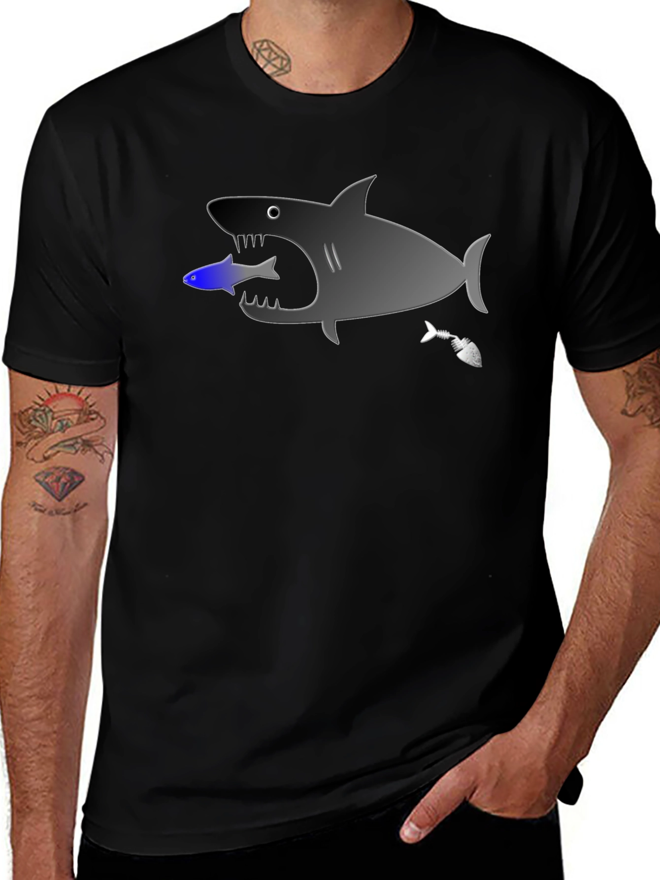 Shark Eating Fish Graphic Tee - Black Cotton T-Shirt