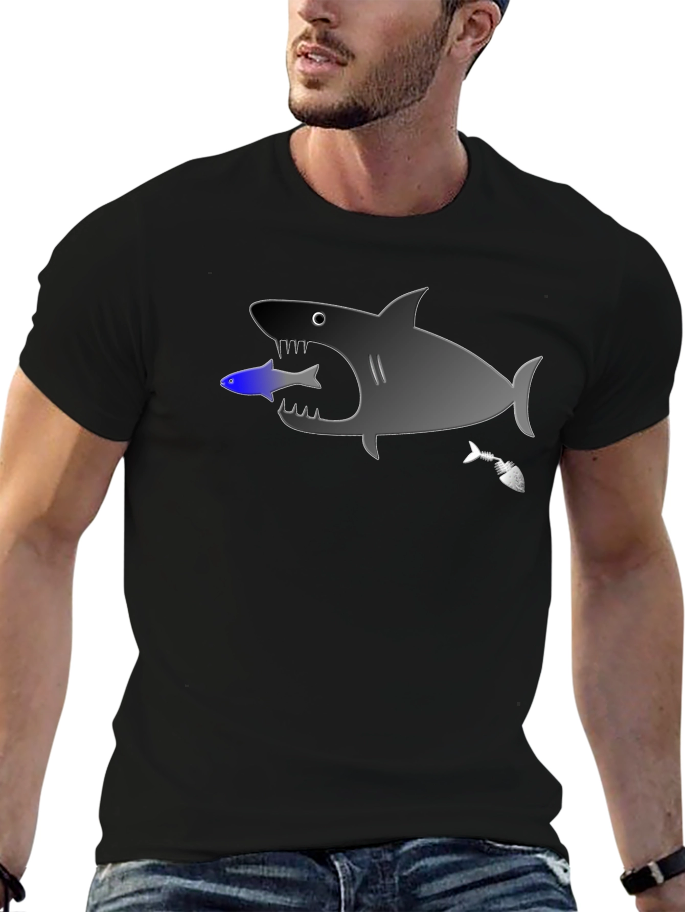 Shark Eating Fish Graphic Tee - Black Cotton T-Shirt