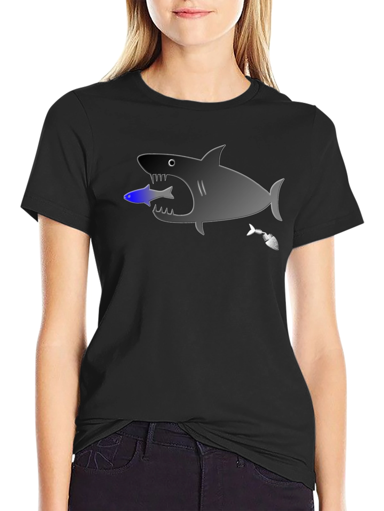 Shark Eating Fish Graphic Tee - Black Cotton T-Shirt