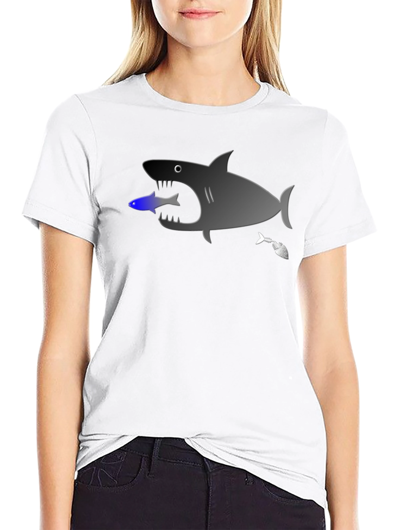 Shark Eating Fish Graphic Tee - Black Cotton T-Shirt
