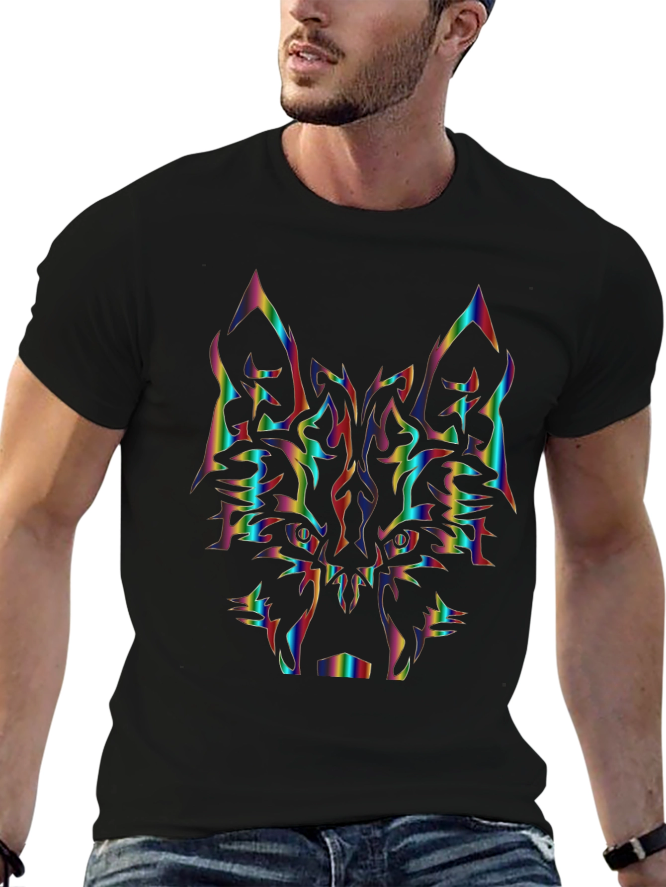 Rainbow Wolf Graphic Black T-Shirt