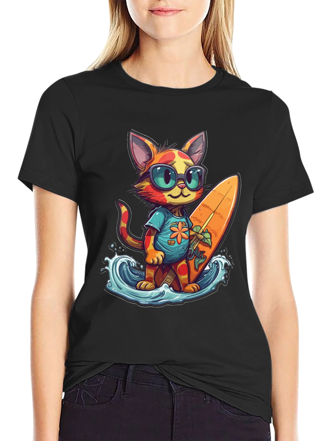 Surfing Cat Graphic Tee - Cool Summer Vibes