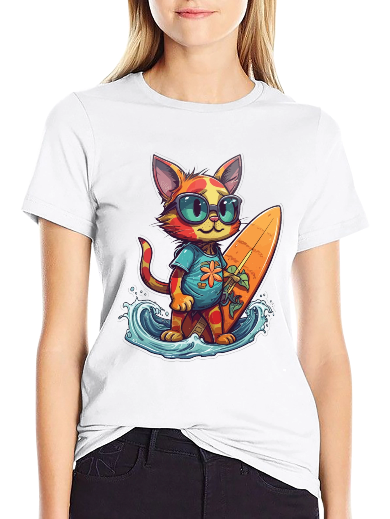Surfing Cat Graphic Tee - Cool Summer Vibes