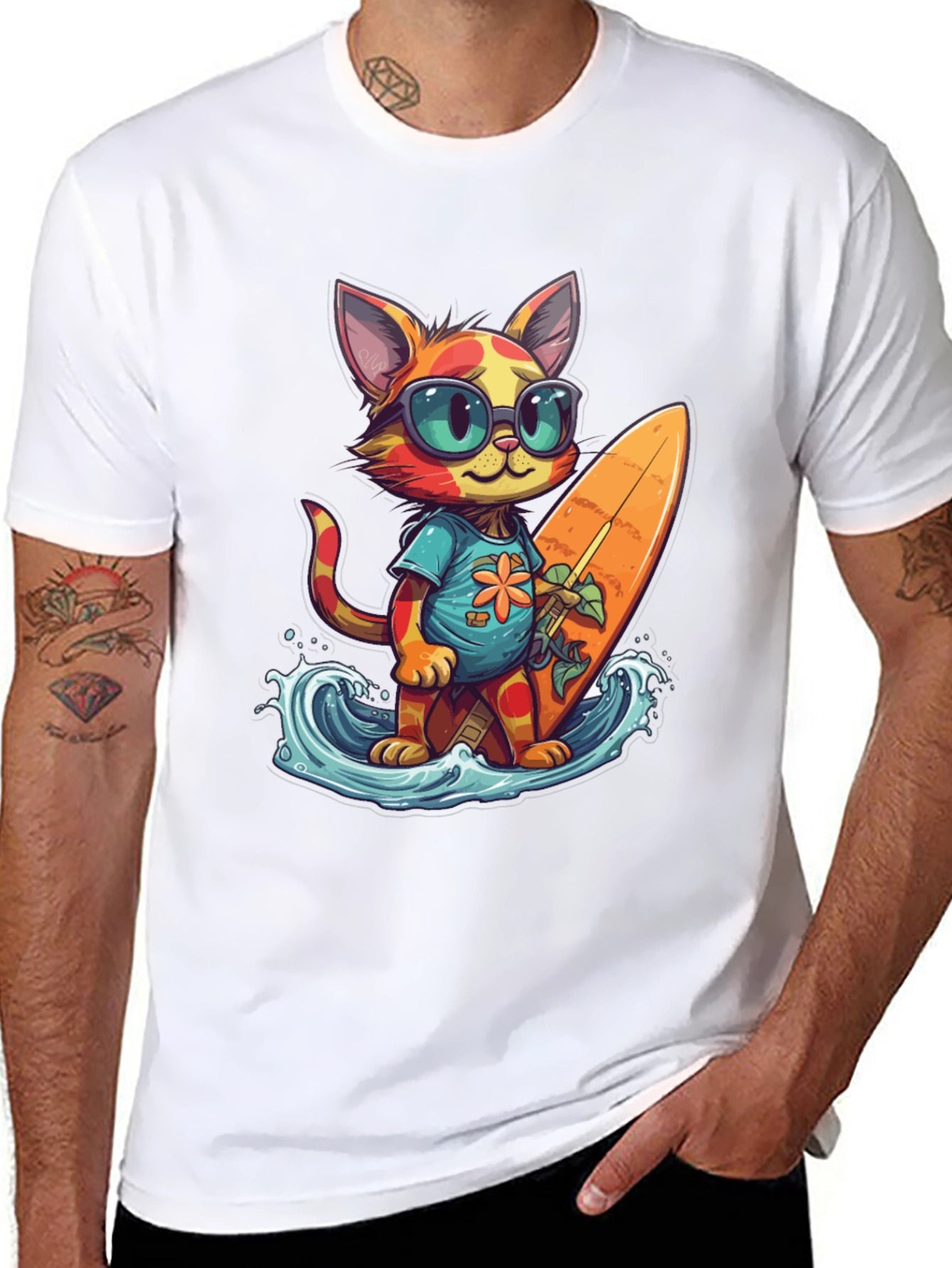 Surfing Cat Graphic Tee - Cool Summer Vibes