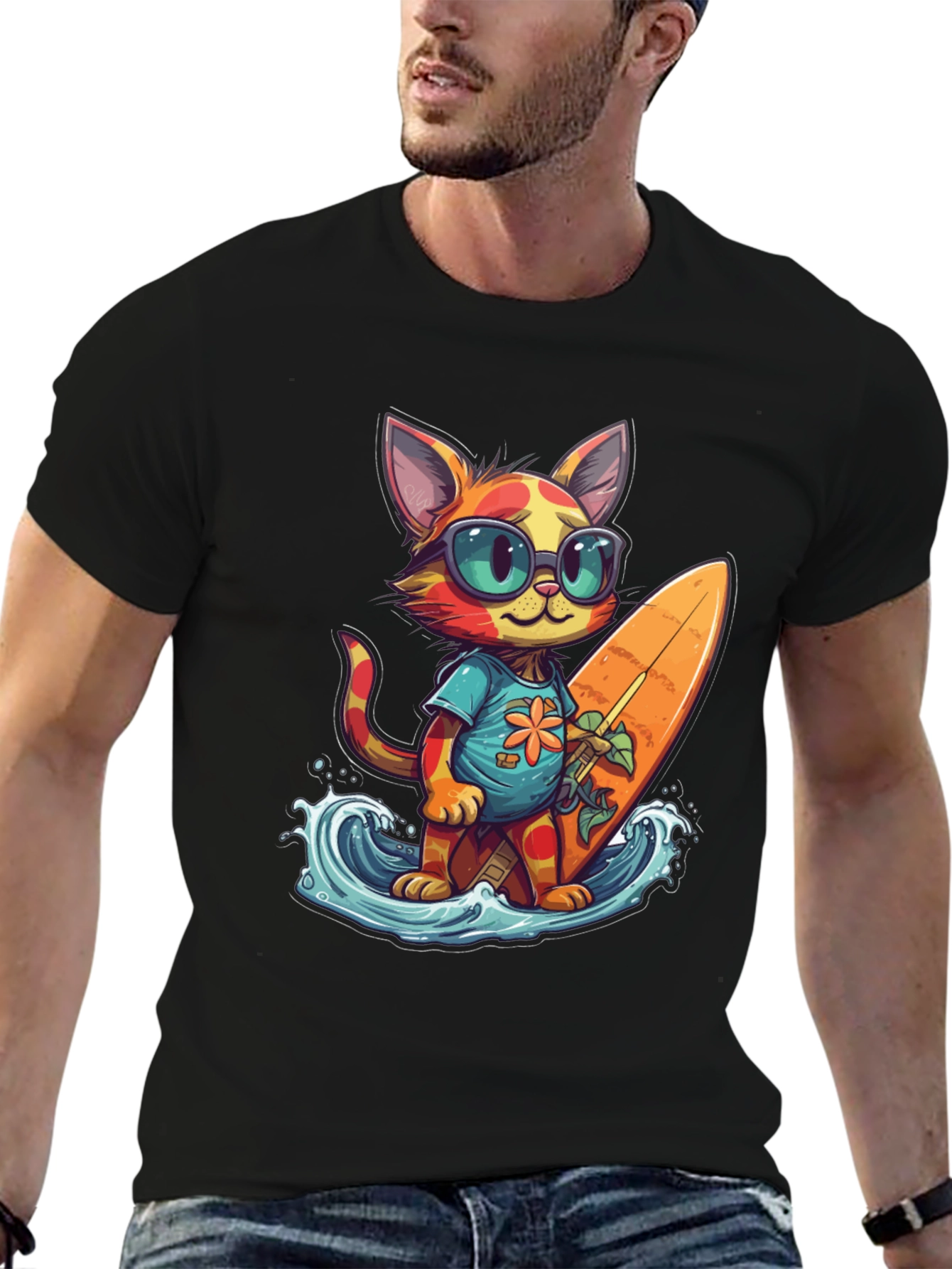 Surfing Cat Graphic Tee - Cool Summer Vibes