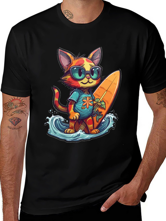 Surfing Cat Graphic Tee - Cool Summer Vibes