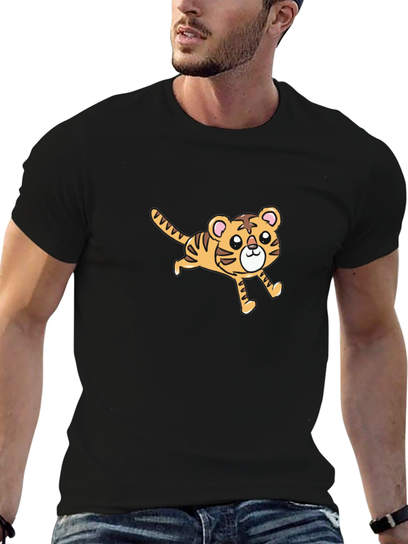 Cute Cartoon Tiger Graphic Black T-Shirt