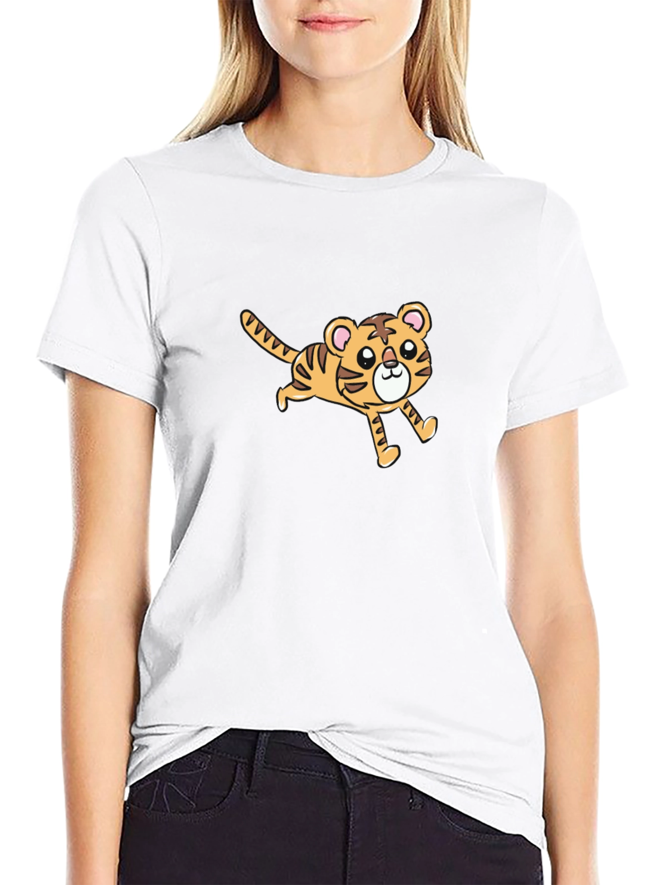 Cute Cartoon Tiger Graphic Black T-Shirt