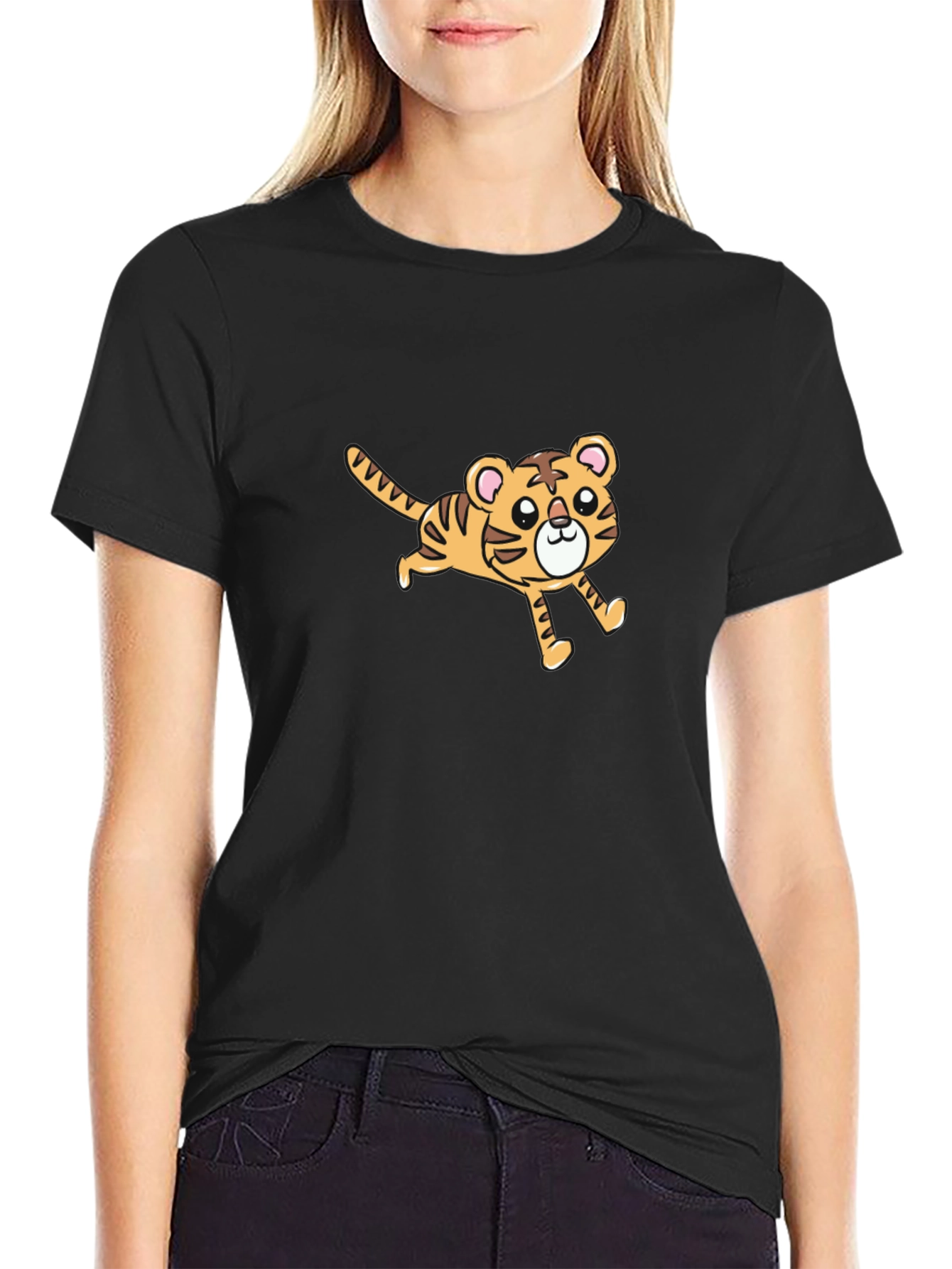 Cute Cartoon Tiger Graphic Black T-Shirt
