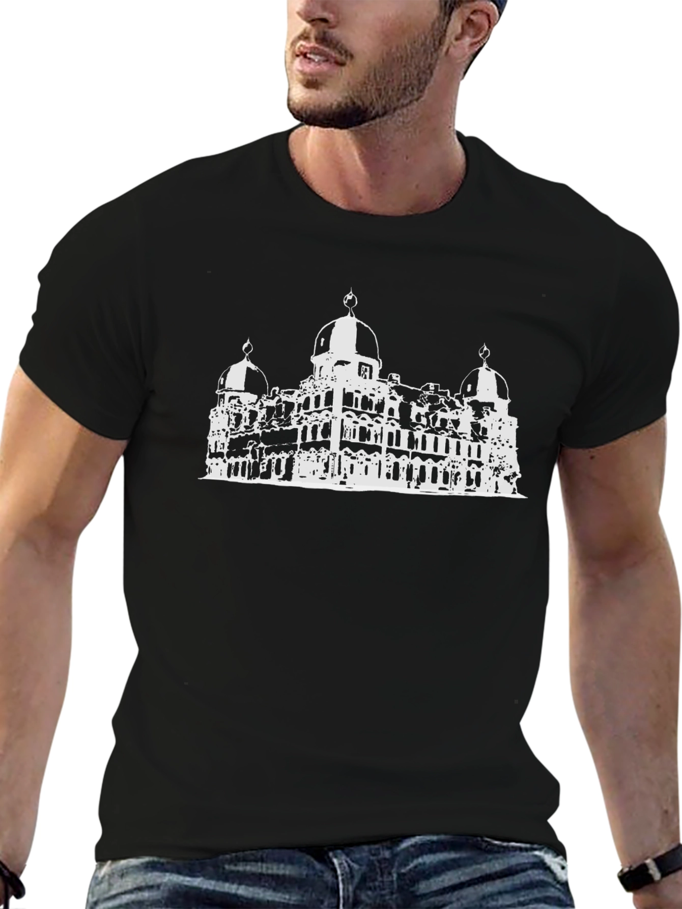 Black T-Shirt with White Palace Graphic