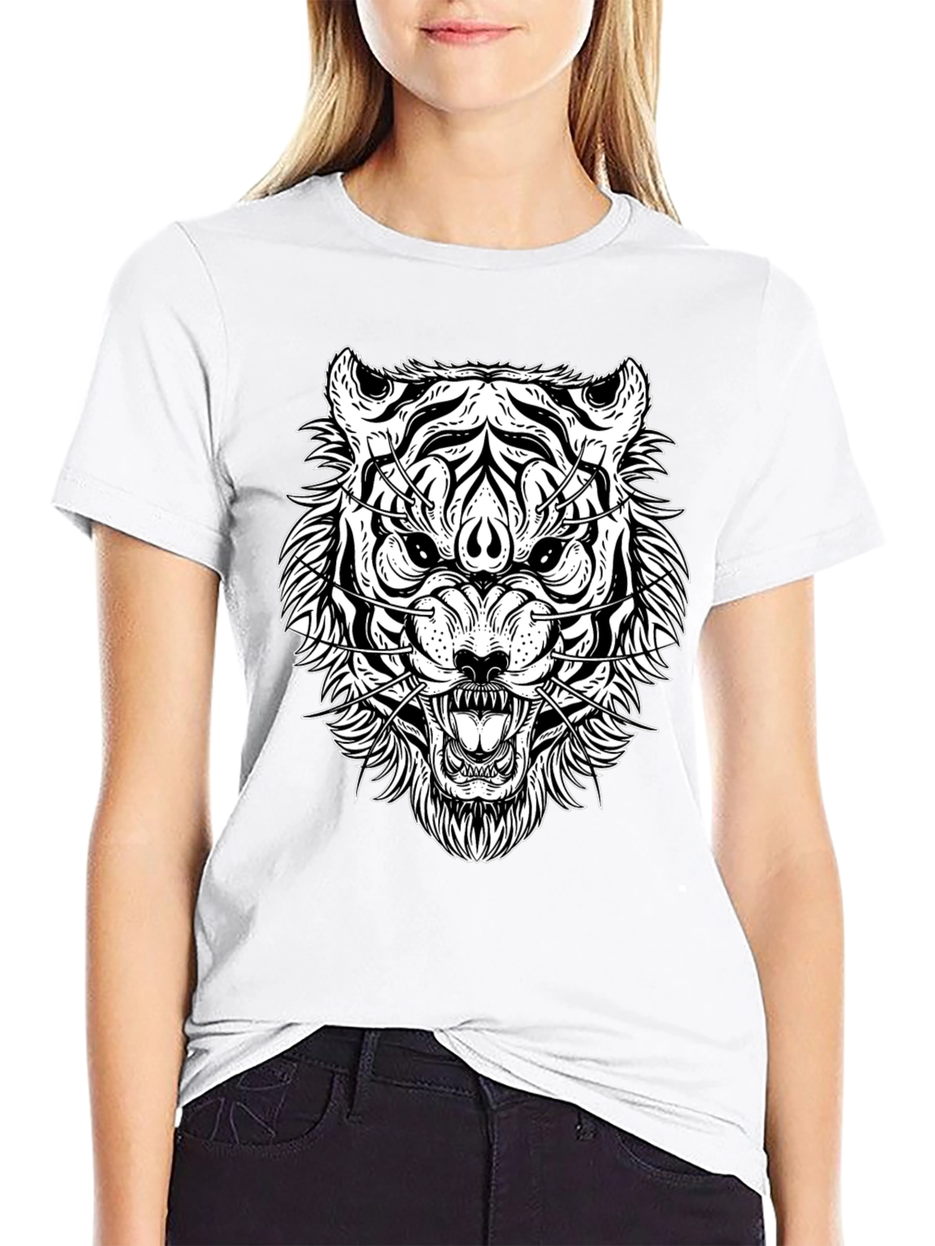 Black T-Shirt with White Tiger Graphic