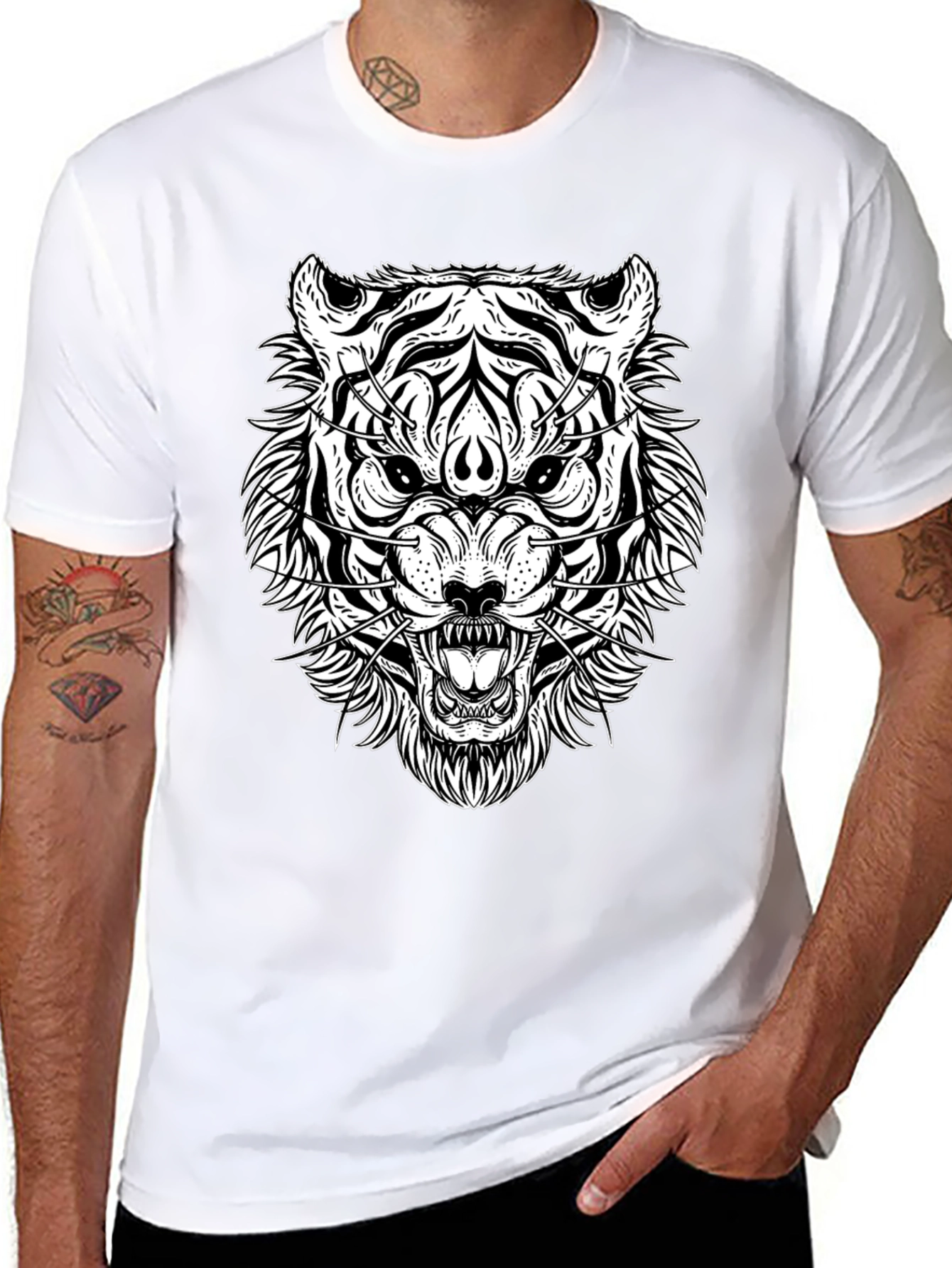 Black T-Shirt with White Tiger Graphic