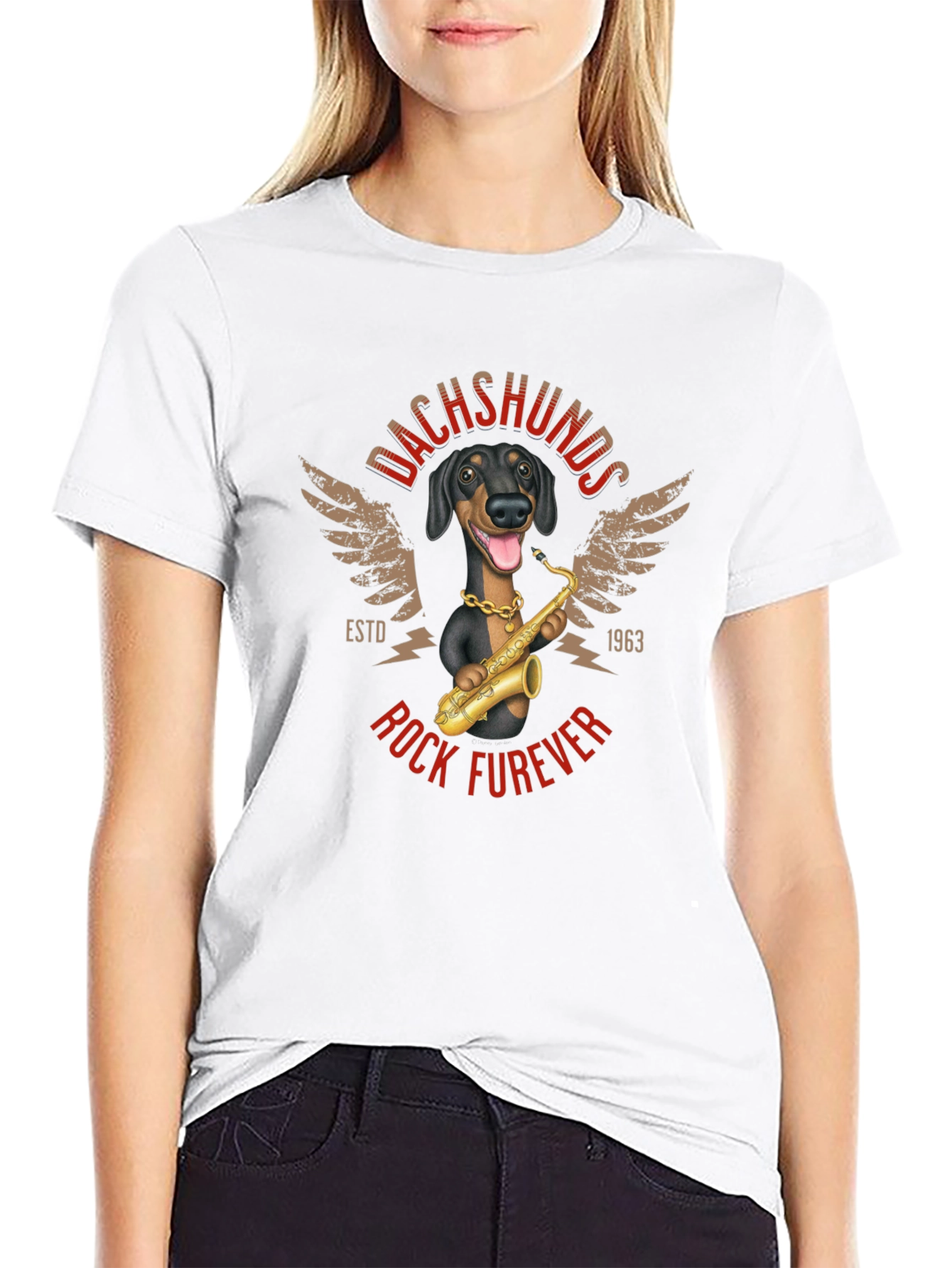 Dachshunds Rock Furever T-Shirt Funny Dog Saxophone Tee
