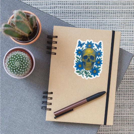 Vivid Blue Skull with Floral Accents