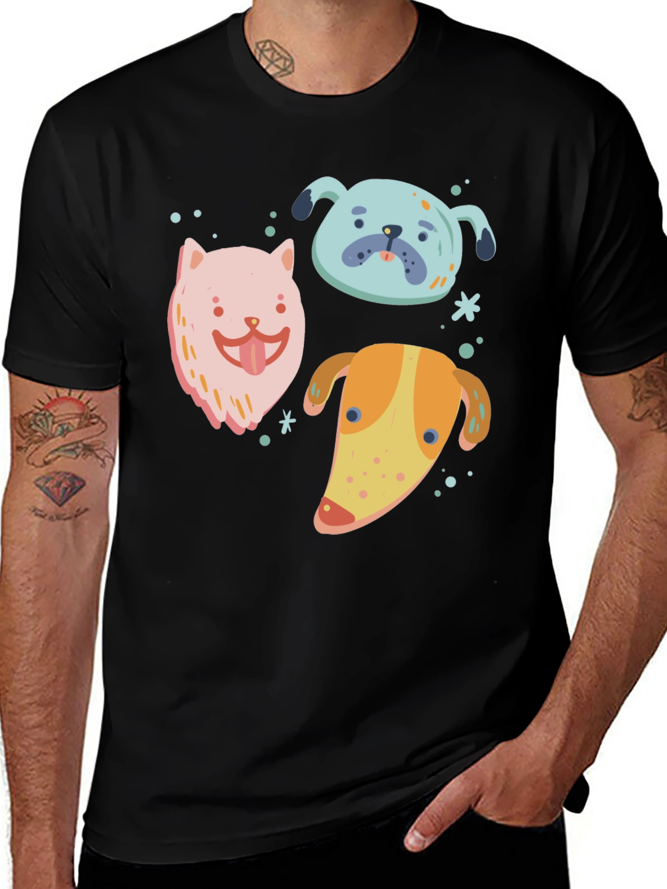 Cute Cartoon Dog Print Black T-Shirt