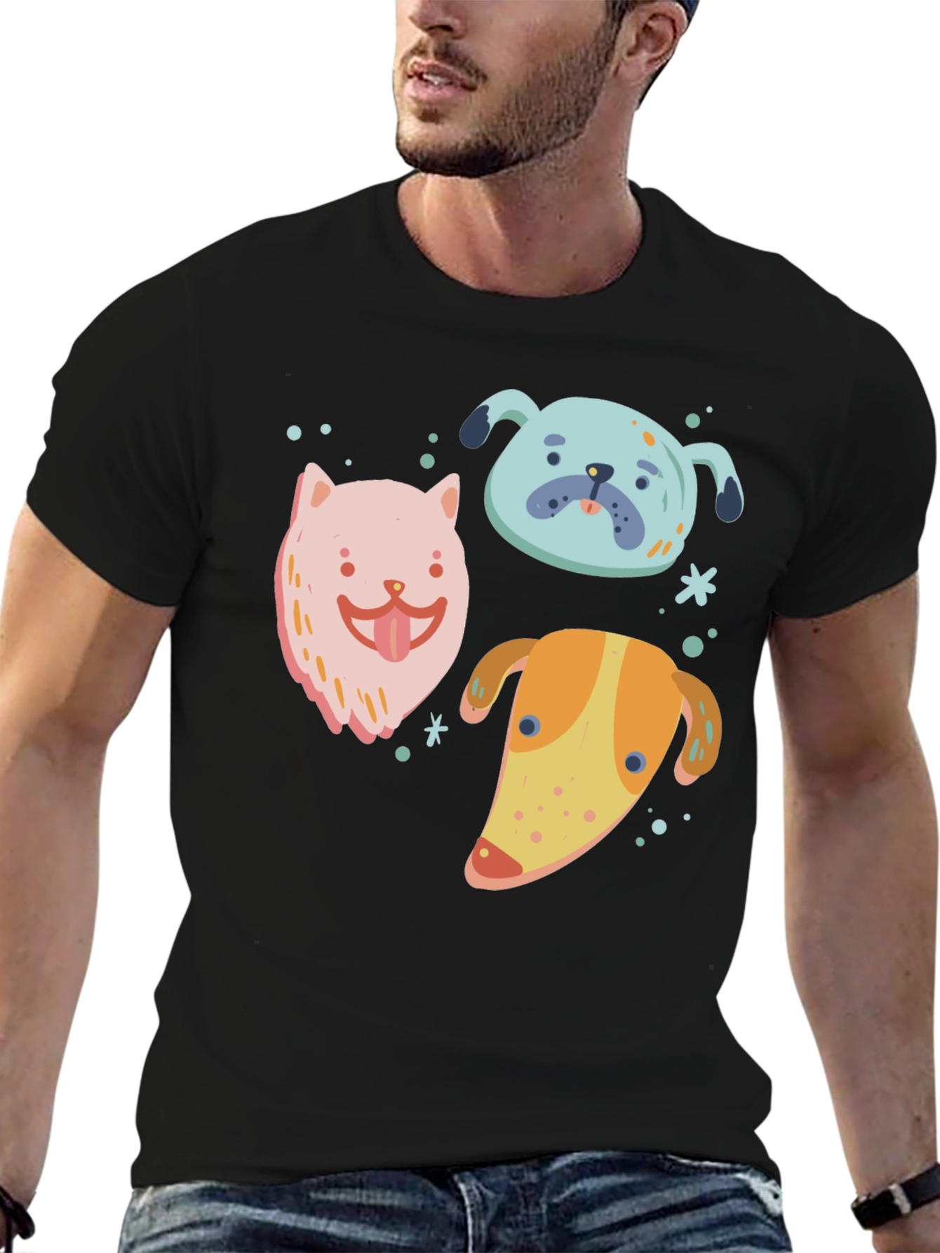 Cute Cartoon Dog Print Black T-Shirt