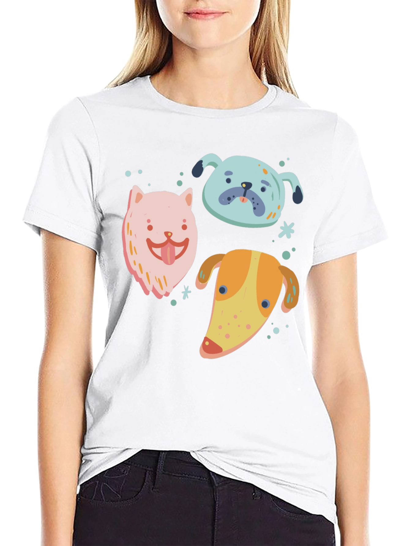 Cute Cartoon Dog Print Black T-Shirt