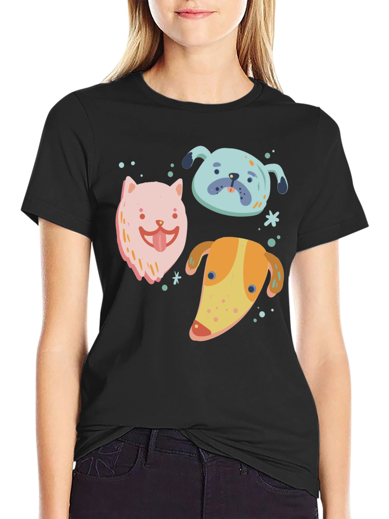 Cute Cartoon Dog Print Black T-Shirt