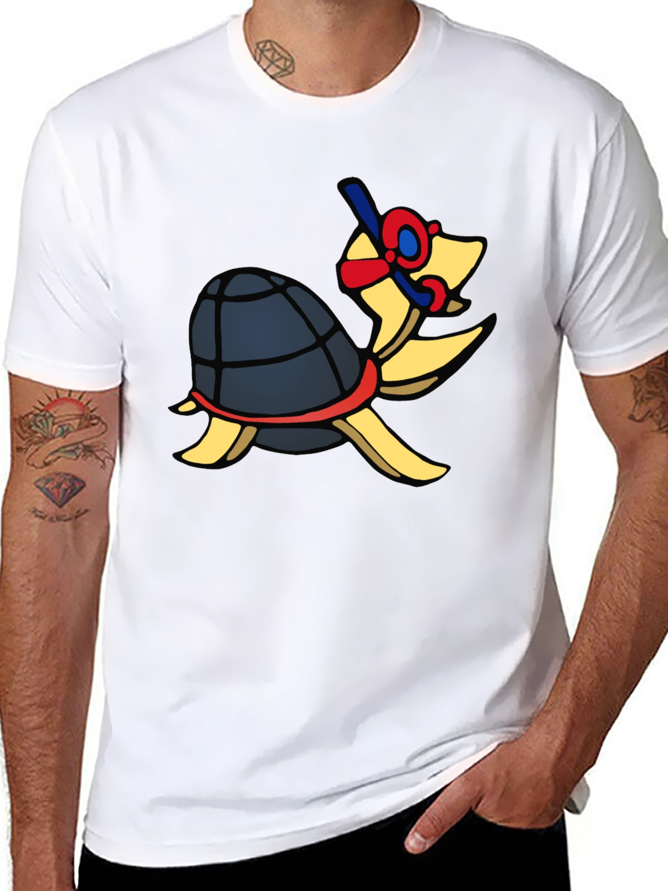 Snorkeling Turtle Graphic Tee - Black Cotton T-Shirt