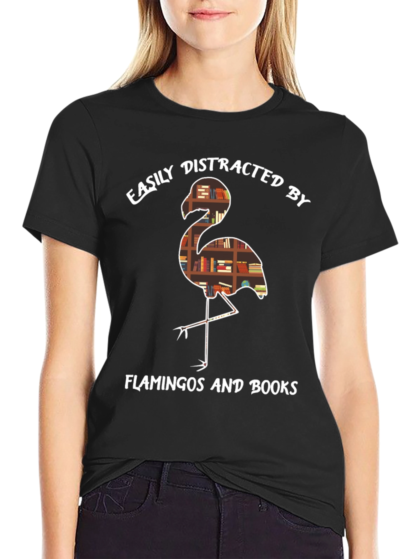 Easily Distracted by Flamingos and Books T-Shirt