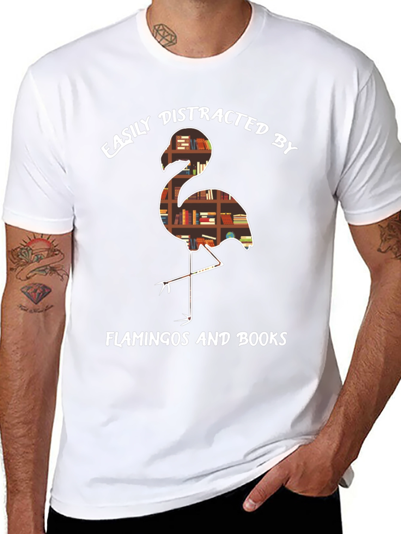 Easily Distracted by Flamingos and Books T-Shirt