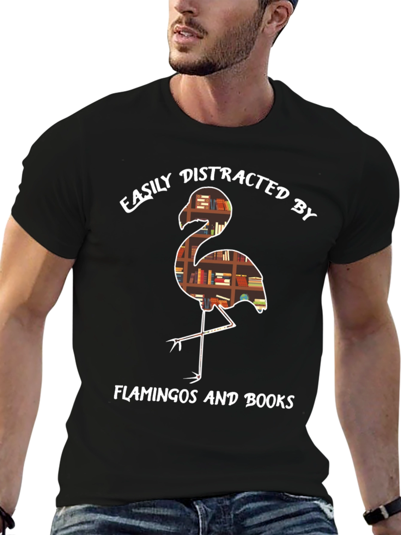 Easily Distracted by Flamingos and Books T-Shirt