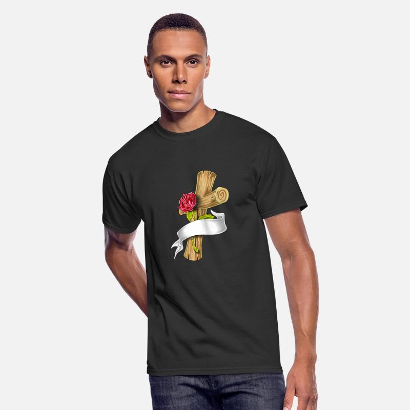 wooden cross with red rose and white ribbon
