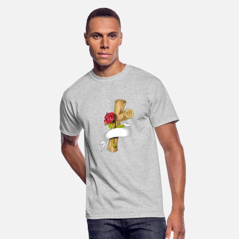 wooden cross with red rose and white ribbon