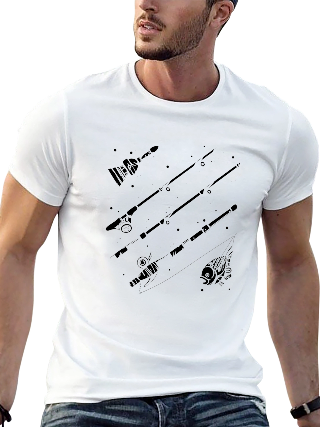 Fishing Rod Graphic Black Crew Neck T-Shirt