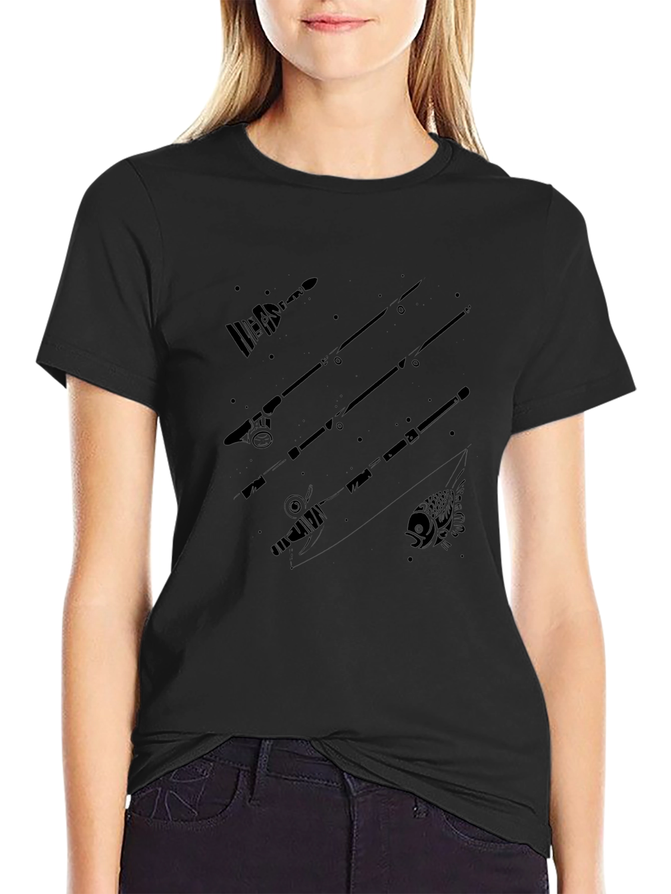 Fishing Rod Graphic Black Crew Neck T-Shirt