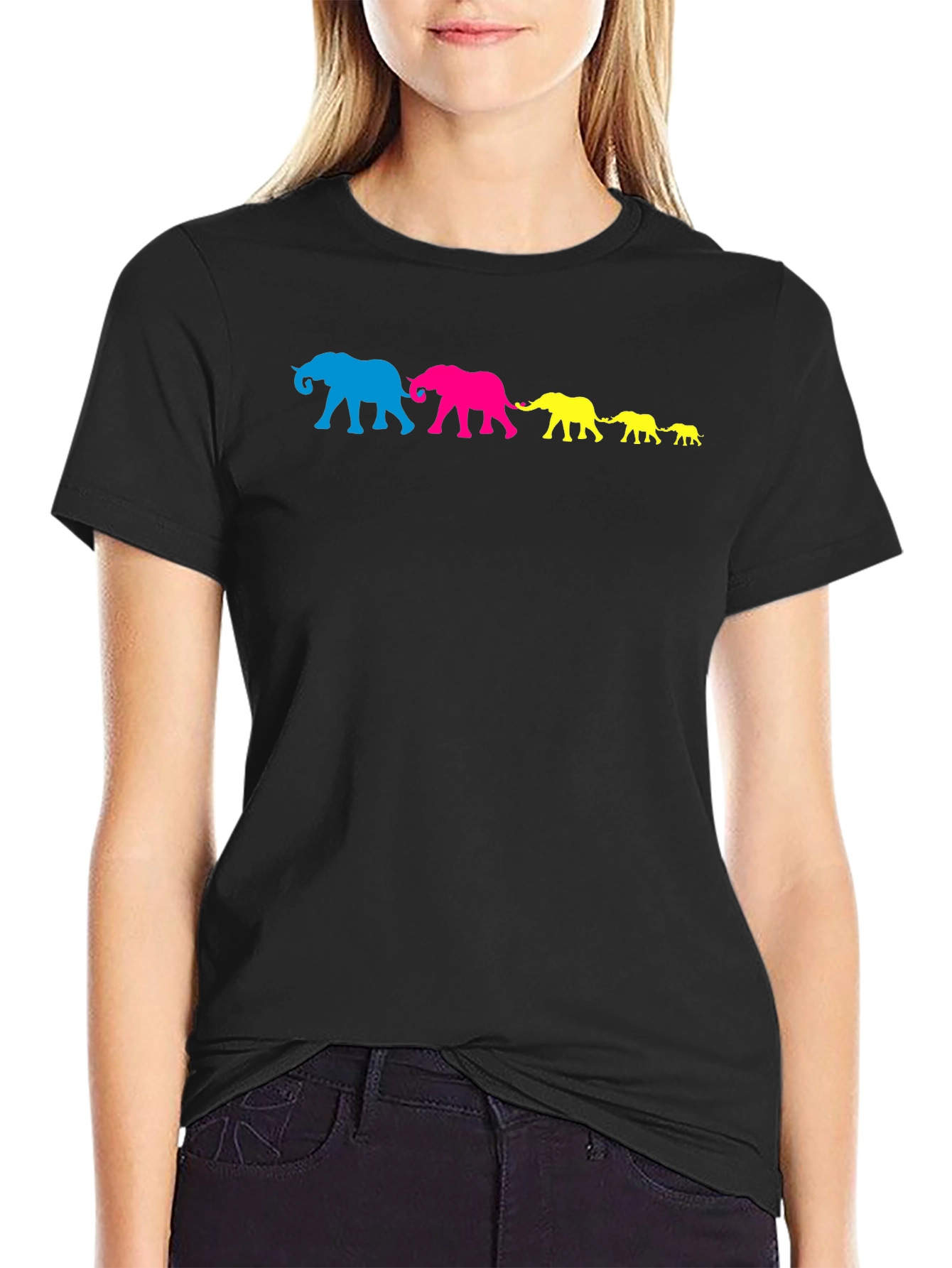 Elephant Family T-Shirt - Black Cotton Crew Neck