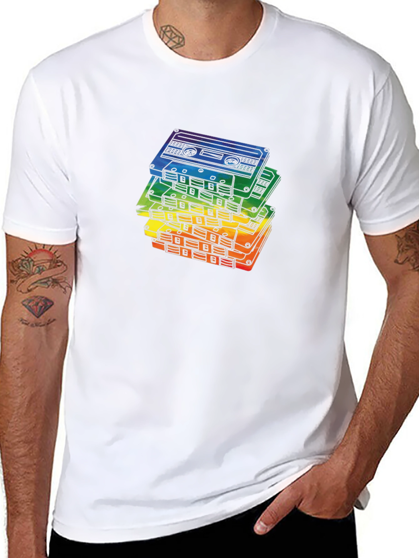Retro Rainbow Cassette Tapes Black T-Shirt