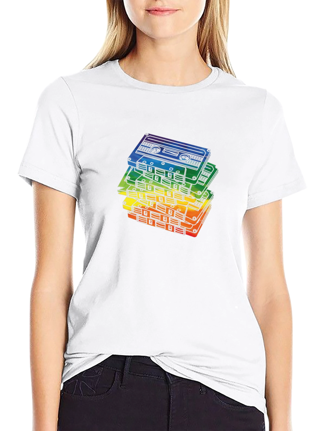 Retro Rainbow Cassette Tapes Black T-Shirt