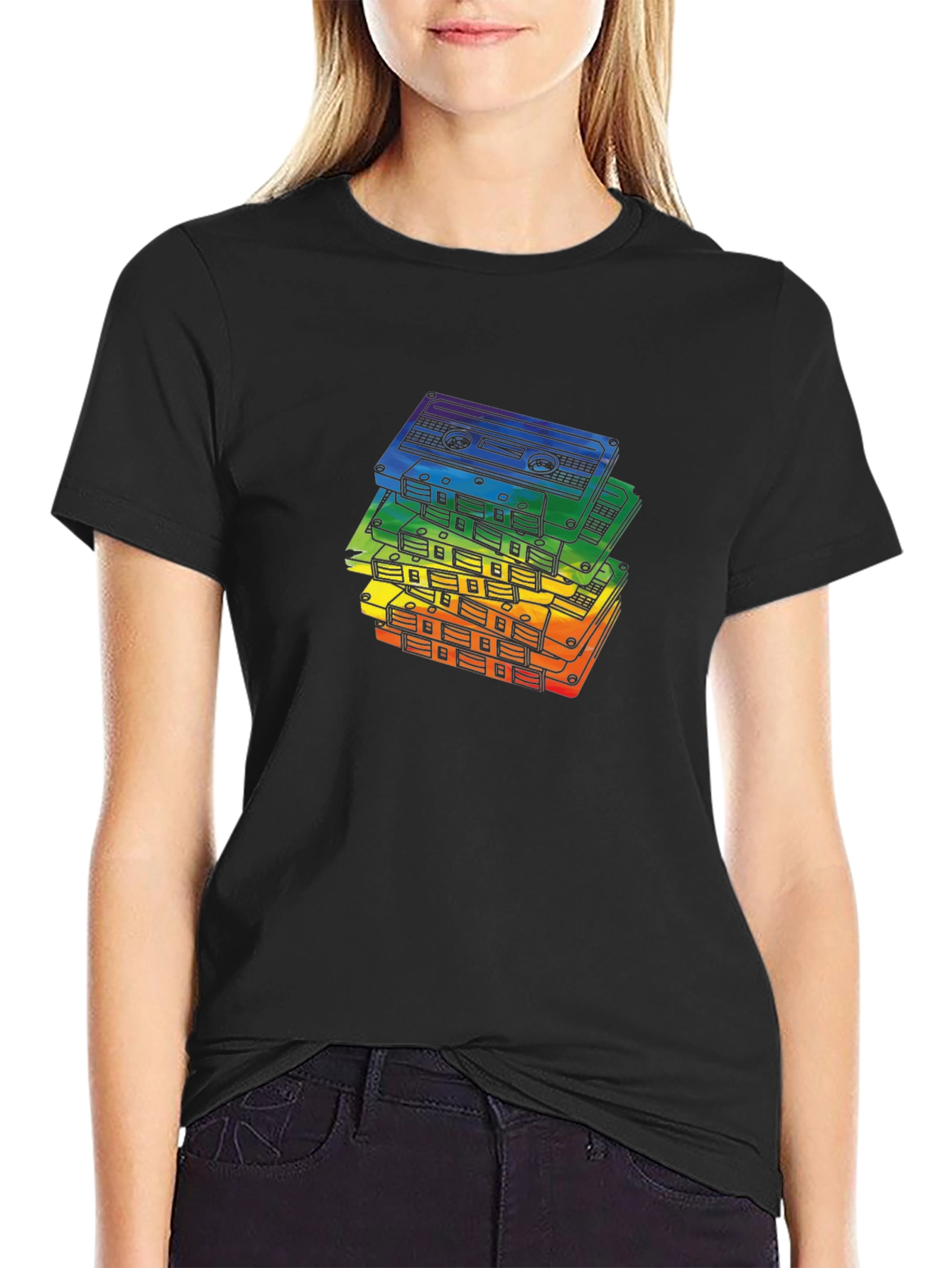 Retro Rainbow Cassette Tapes Black T-Shirt