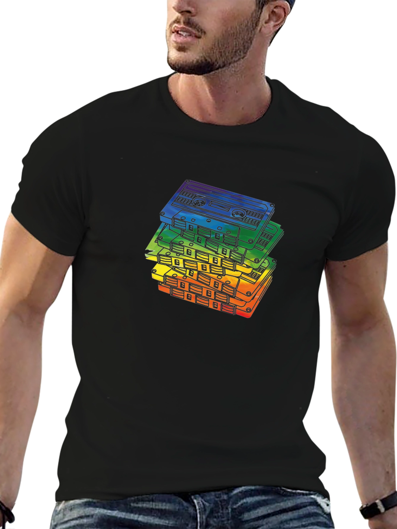 Retro Rainbow Cassette Tapes Black T-Shirt