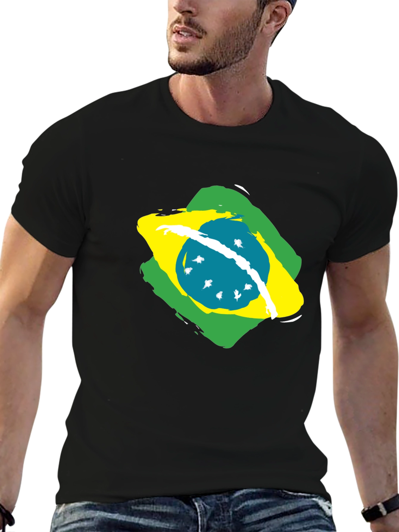 Brazil Flag Graphic Tee - Black Cotton T-Shirt