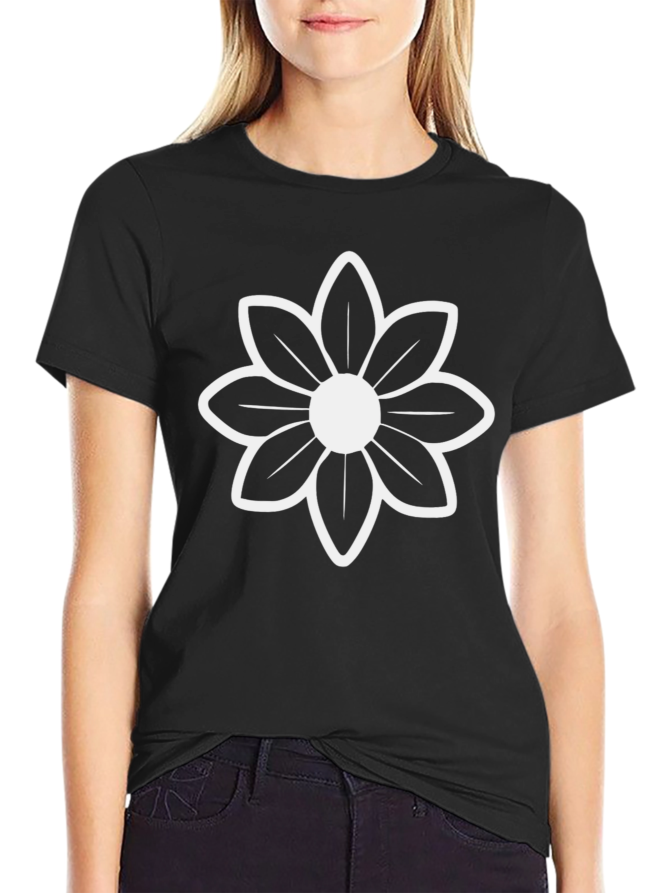 Black T-Shirt with White Flower Graphic