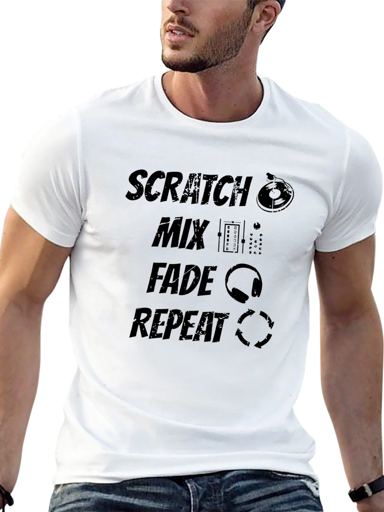 DJ Scratch Mix Fade Repeat Black Graphic T-Shirt