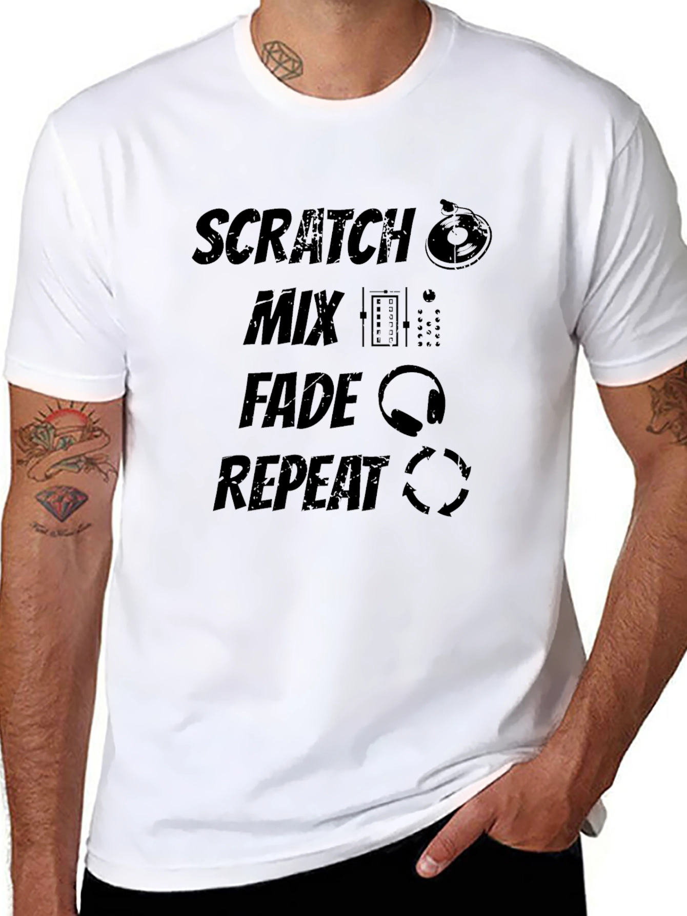 DJ Scratch Mix Fade Repeat Black Graphic T-Shirt